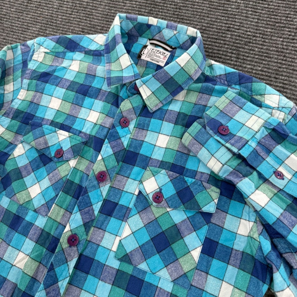 Ezekiel Mens Large Blue Green Plaid Flannel Long Sleeve Button Up Shirt